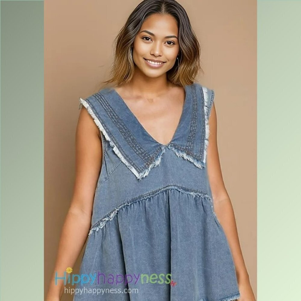 POL Top Denim Babydoll Sleeveless Tank Plus Size Raw Edge Distressed 1X,2X,3X